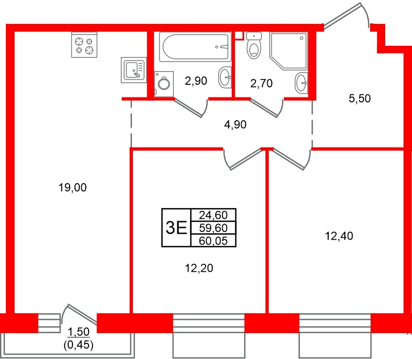 Квартира в ЖК Лисино, 2 комнатная, 61.1 м², 2 этаж