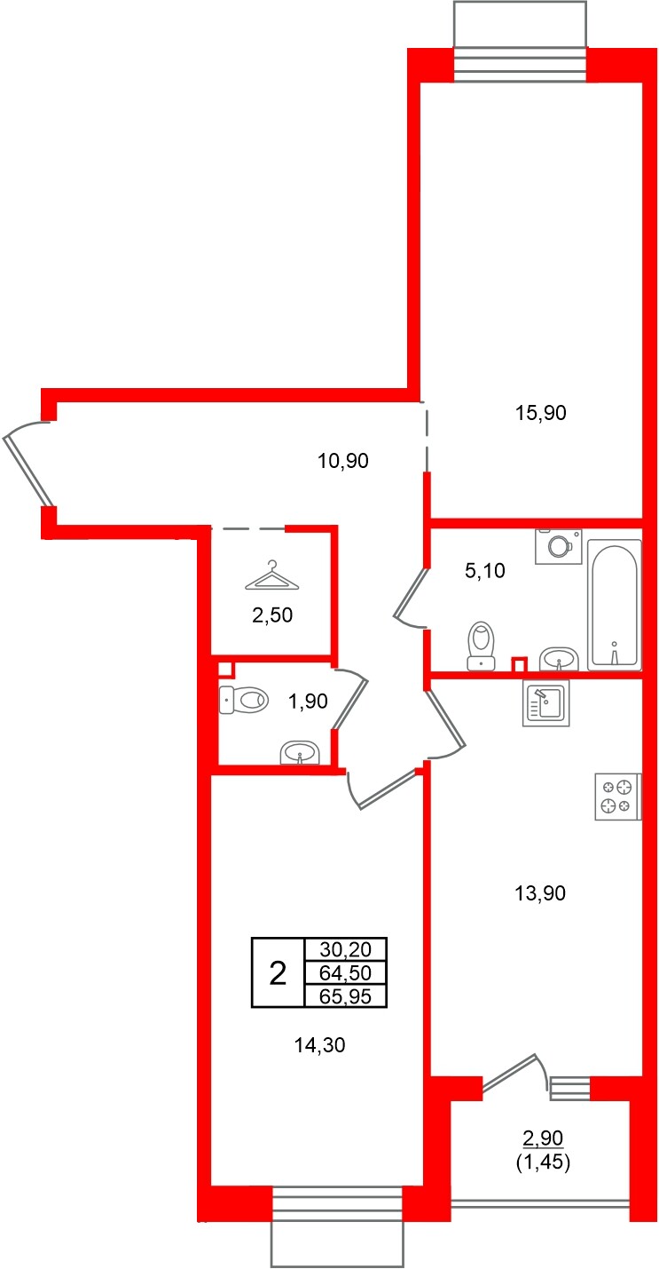 Квартира в ЖК Лисино, 2 комнатная, 67.4 м², 3 этаж