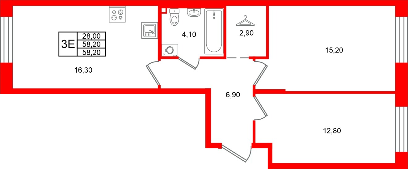 Квартира в ЖК Лисино, 2 комнатная, 58.2 м², 1 этаж