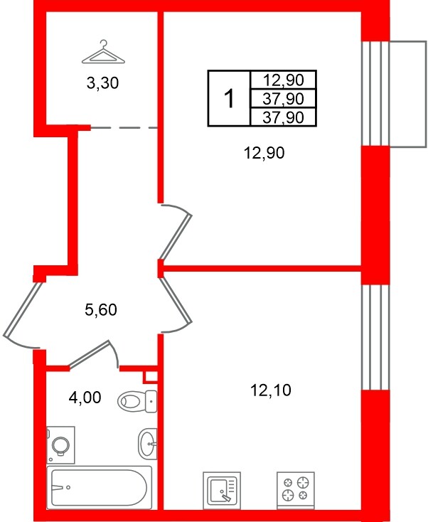 Квартира в ЖК Лисино, 1 комнатная, 37.9 м², 2 этаж