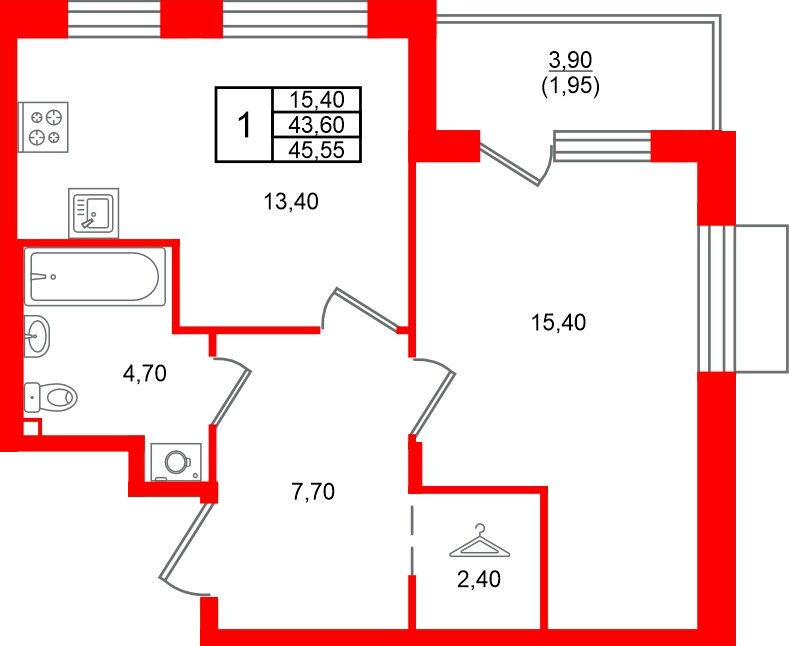 Квартира в ЖК Лисино, 1 комнатная, 47.5 м², 3 этаж