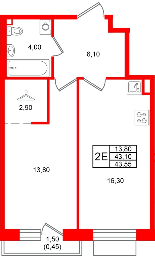 Квартира в ЖК Лисино, 1 комнатная, 44.6 м², 4 этаж