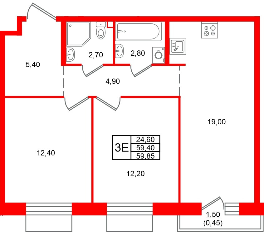 Квартира в ЖК «Лисино», 2 комнатная, 60.9 м², 3 этаж