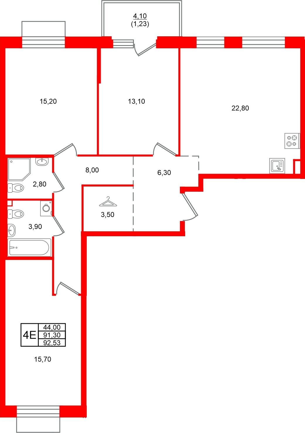 Квартира в ЖК Лисино, 3 комнатная, 95.4 м², 4 этаж