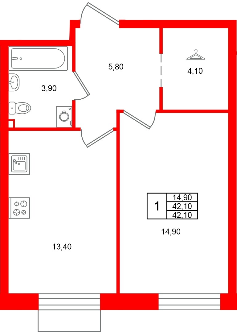 Квартира в ЖК Лисино, 1 комнатная, 42.1 м², 2 этаж