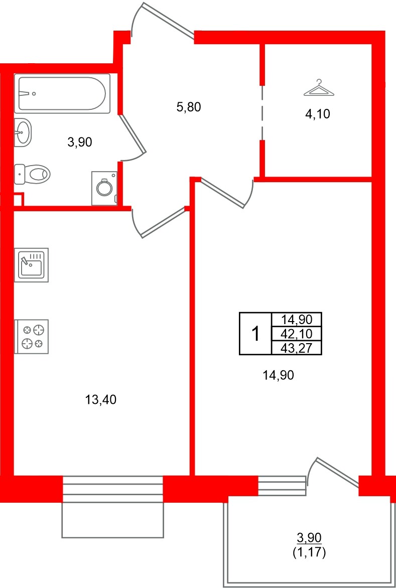 Квартира в ЖК Лисино, 1 комнатная, 46 м², 3 этаж