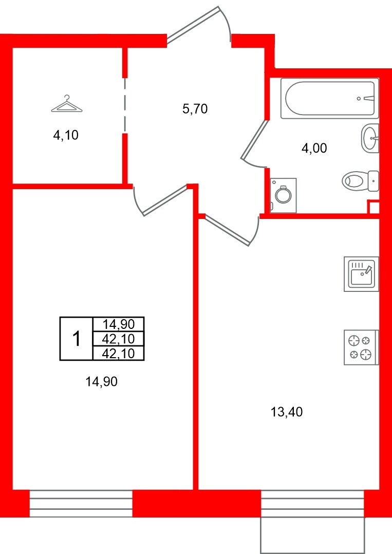 Квартира в ЖК Лисино, 1 комнатная, 42.1 м², 2 этаж