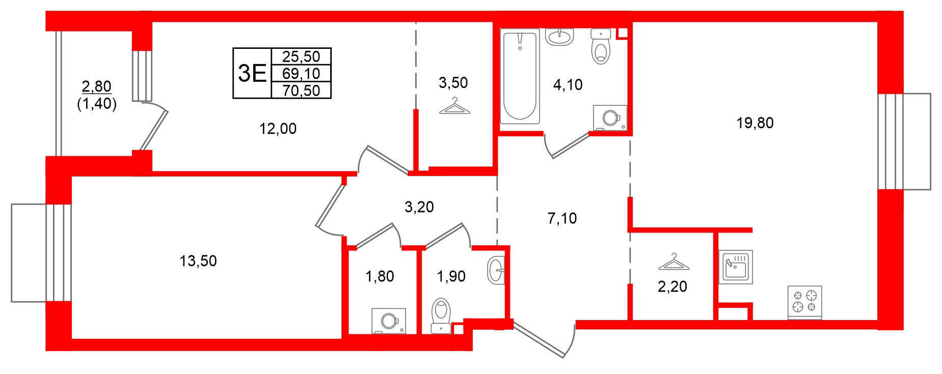 Квартира в ЖК Лисино, 2 комнатная, 71.9 м², 2 этаж