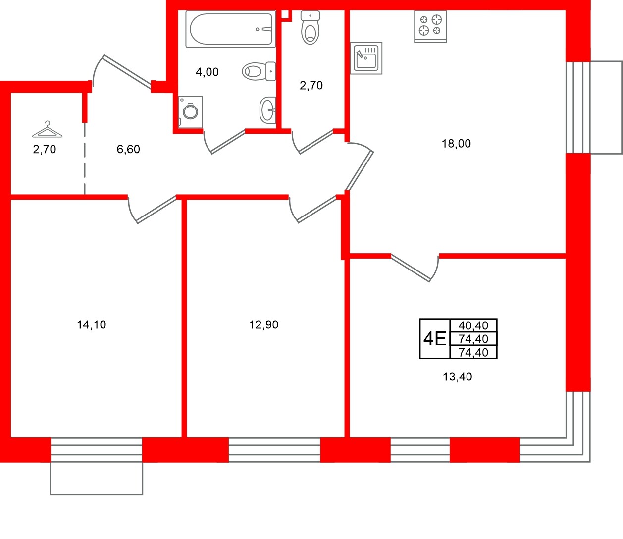 Квартира в ЖК Лисино, 3 комнатная, 74.4 м², 2 этаж