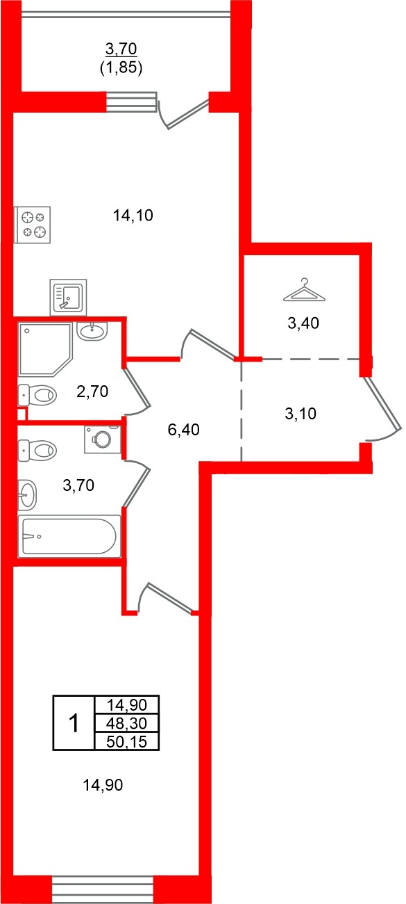 Квартира в ЖК Лисино, 1 комнатная, 52 м², 1 этаж
