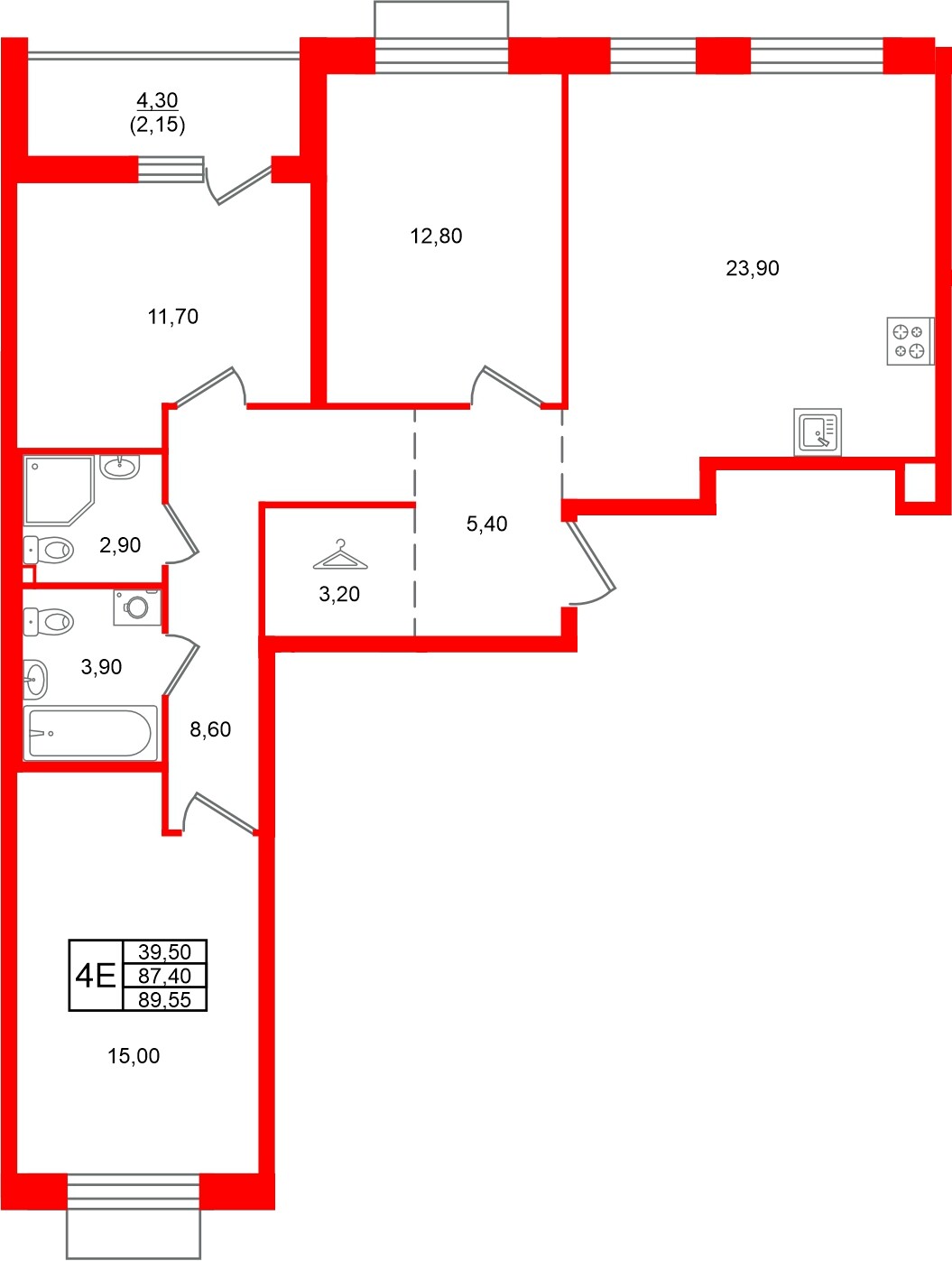 Квартира в ЖК Лисино, 3 комнатная, 91.7 м², 2 этаж