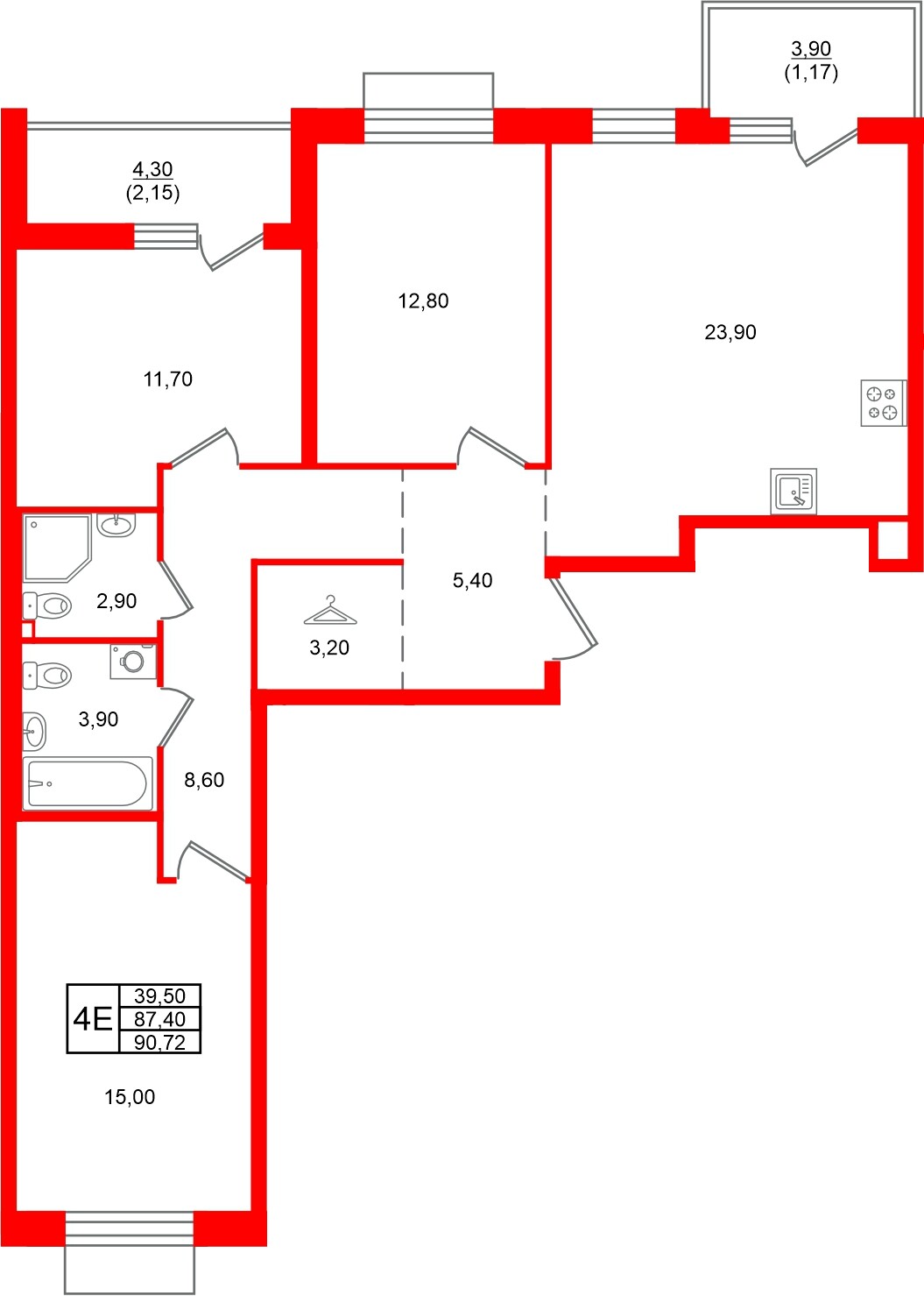 Квартира в ЖК Лисино, 3 комнатная, 95.6 м², 4 этаж