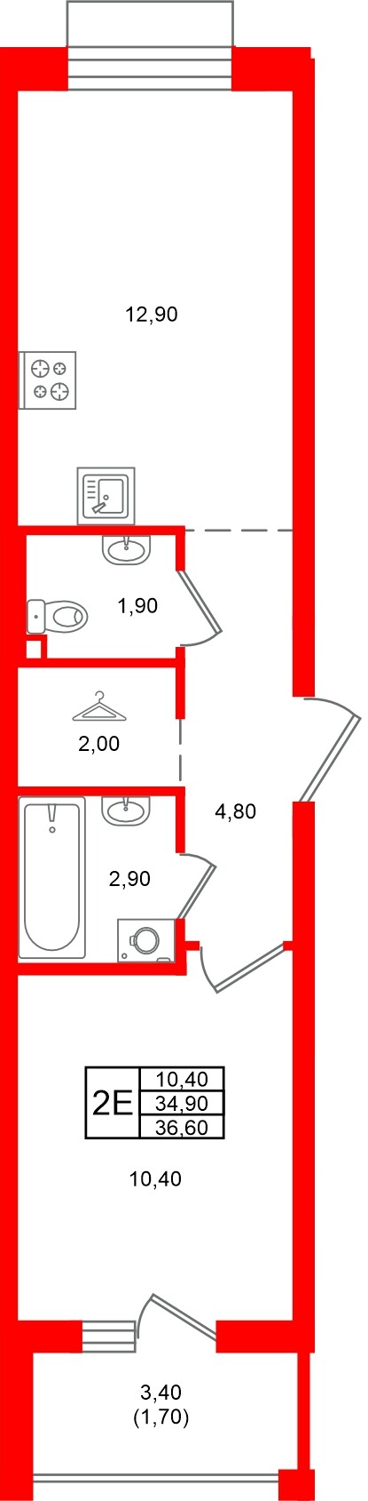 Квартира в ЖК Лисино, 1 комнатная, 38.3 м², 2 этаж