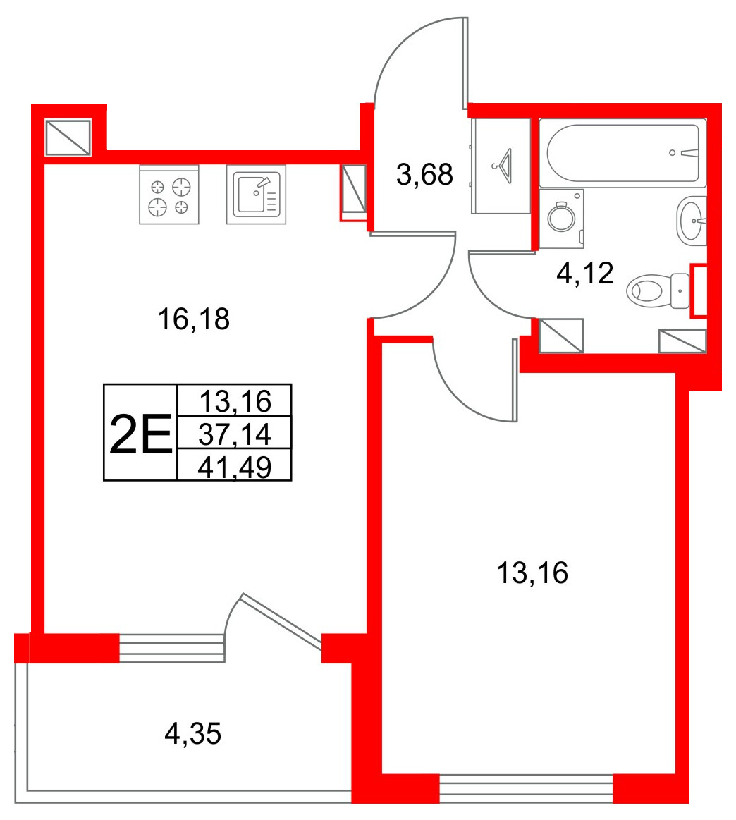 Квартира в ЖК Любоград, 1 комнатная, 41.49 м², 4 этаж