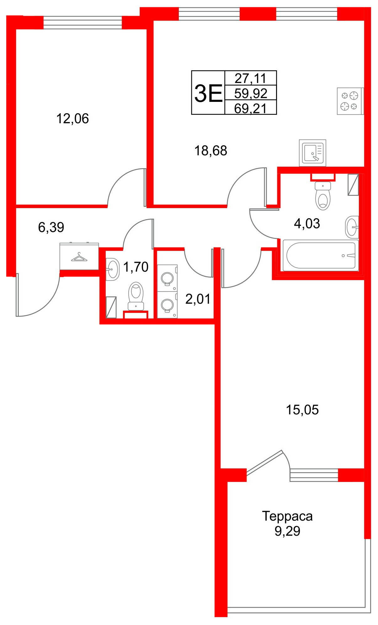 Квартира в ЖК Любоград, 2 комнатная, 69.21 м², 1 этаж