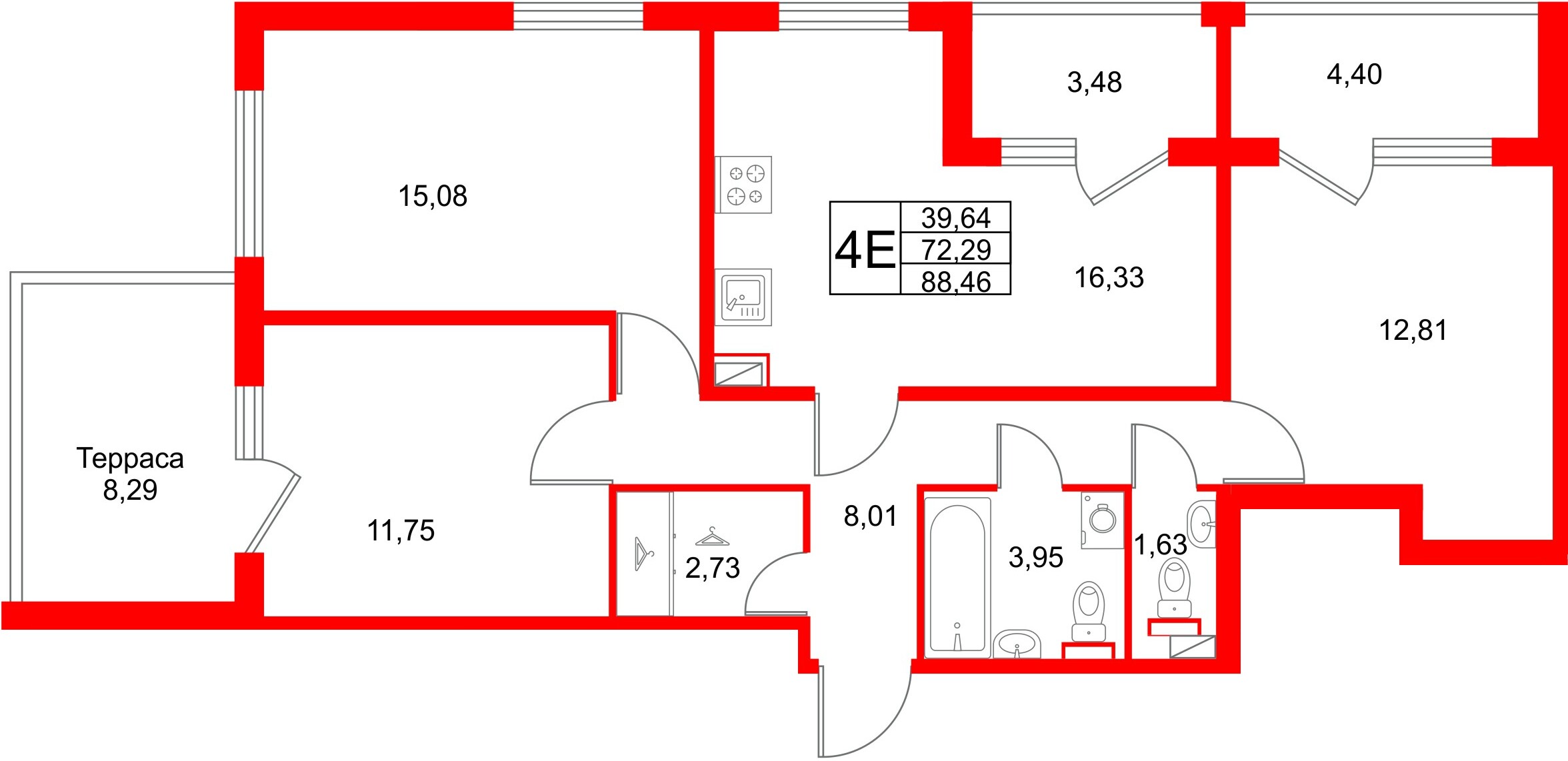 Квартира в ЖК Любоград, 3 комнатная, 88.46 м², 1 этаж