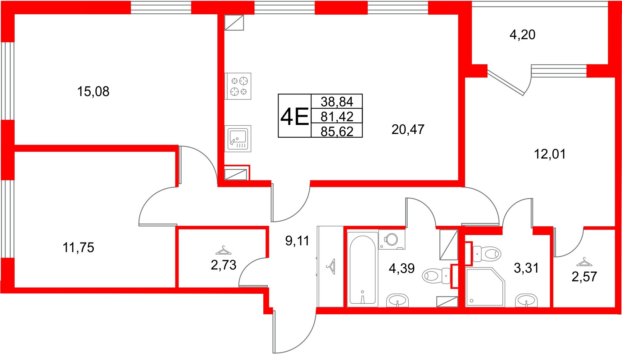 Квартира в ЖК Любоград, 3 комнатная, 85.62 м², 2 этаж