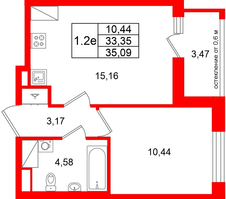Квартира в ЖК «Город звёзд», 1 комнатная, 33.35 м², 13 этаж
