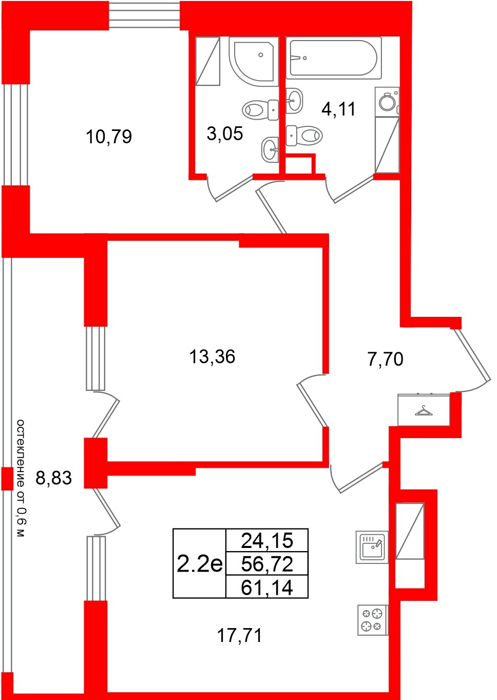 Квартира в ЖК «Город звёзд», 2 комнатная, 56.72 м², 20 этаж