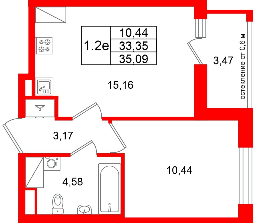 Квартира в ЖК «Город звёзд», 1 комнатная, 33.35 м², 22 этаж