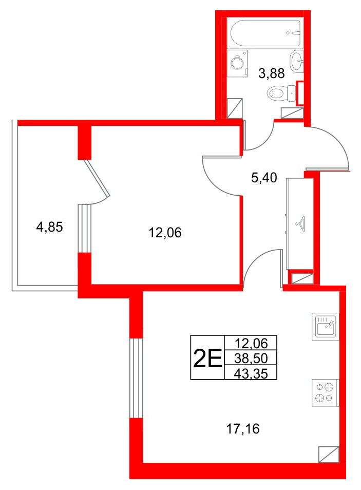 Квартира в ЖК Любоград, 1 комнатная, 43.35 м², 4 этаж