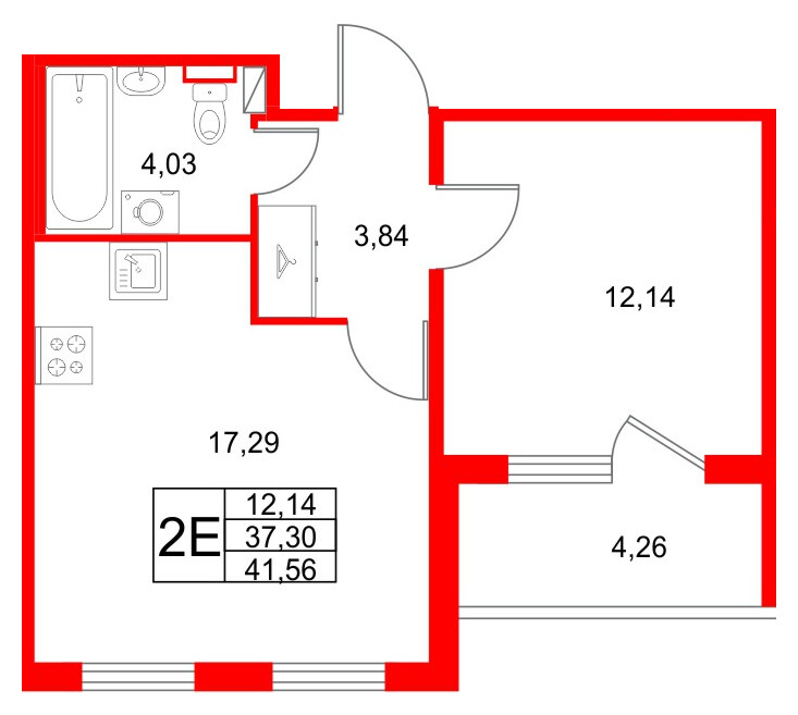 Квартира в ЖК Любоград, 1 комнатная, 41.56 м², 1 этаж