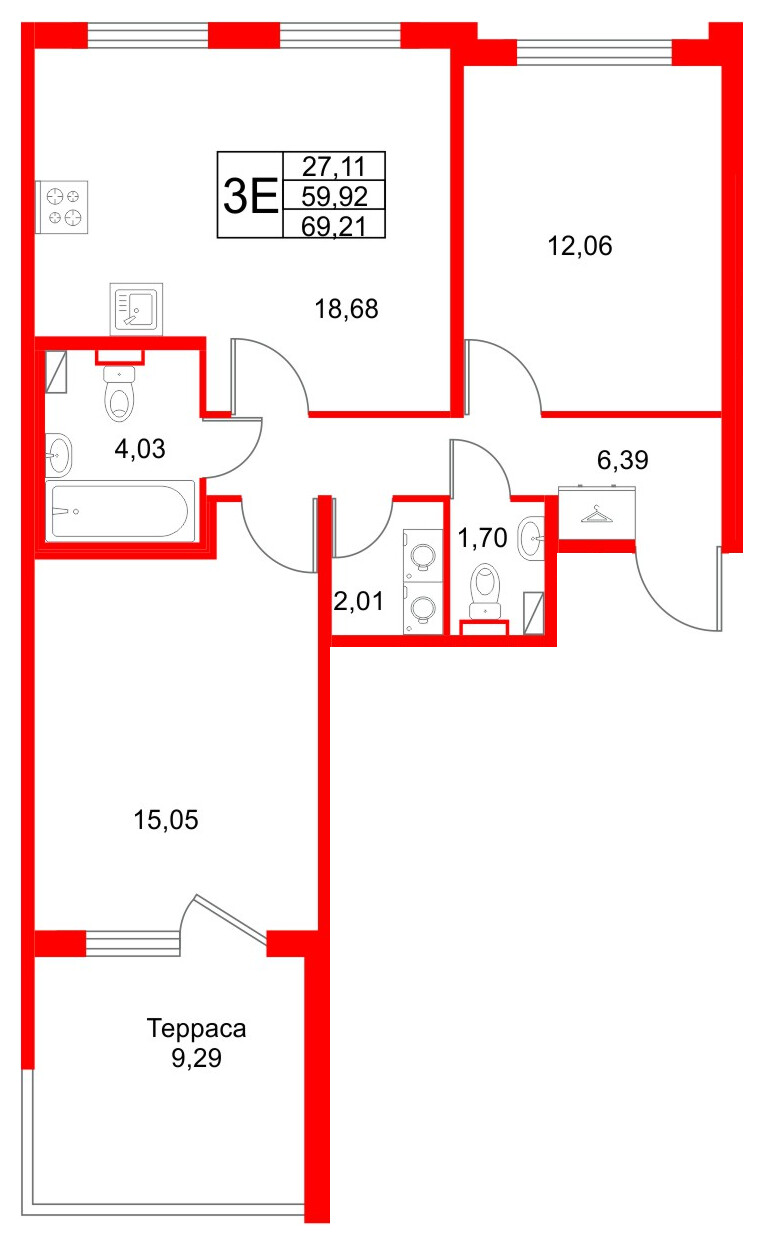 Квартира в ЖК Любоград, 2 комнатная, 69.21 м², 1 этаж