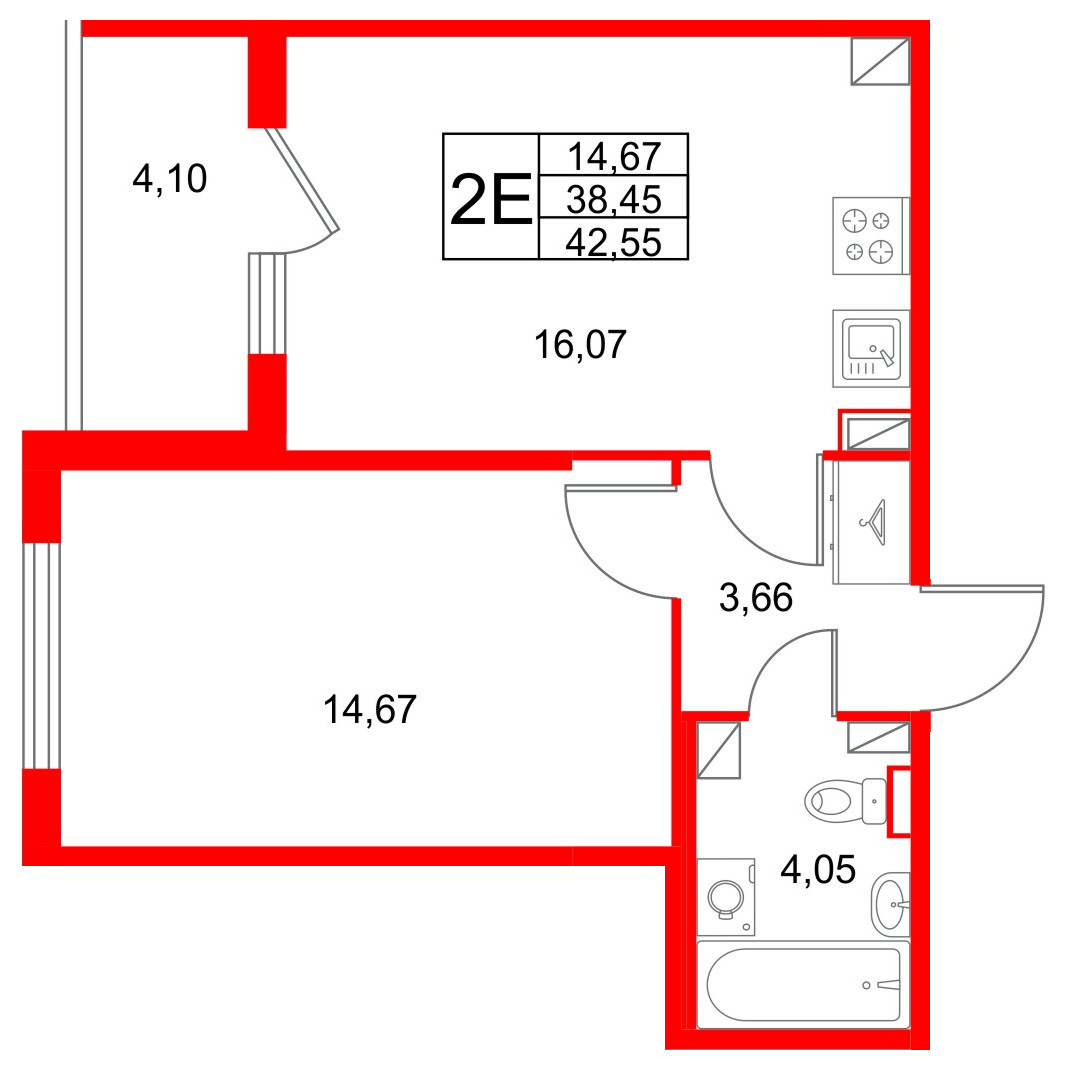 Квартира в ЖК Любоград, 1 комнатная, 42.55 м², 2 этаж