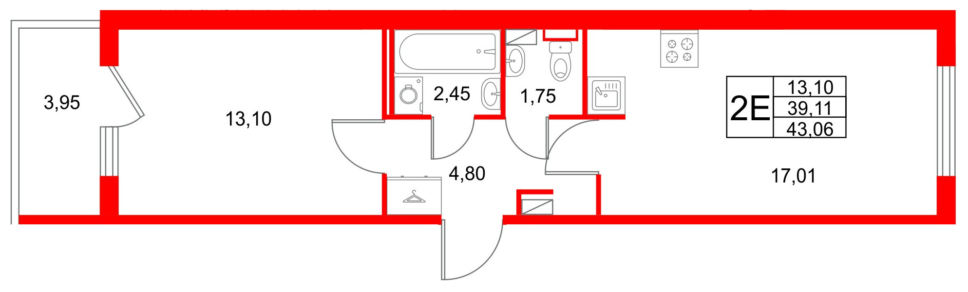 Квартира в ЖК Любоград, 1 комнатная, 43.06 м², 1 этаж