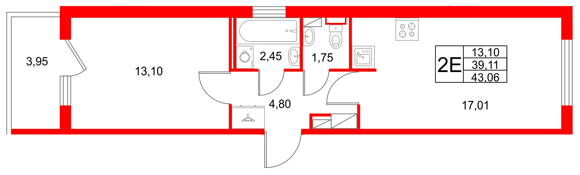 Квартира в ЖК Любоград, 1 комнатная, 43.06 м², 2 этаж