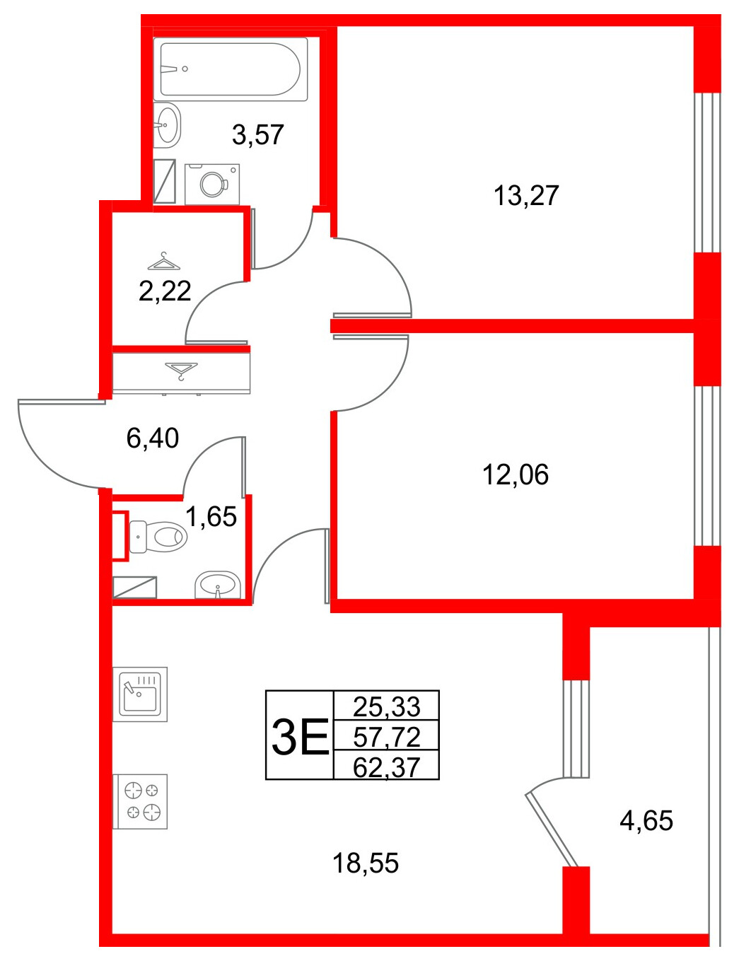 Квартира в ЖК Любоград, 2 комнатная, 62.37 м², 1 этаж