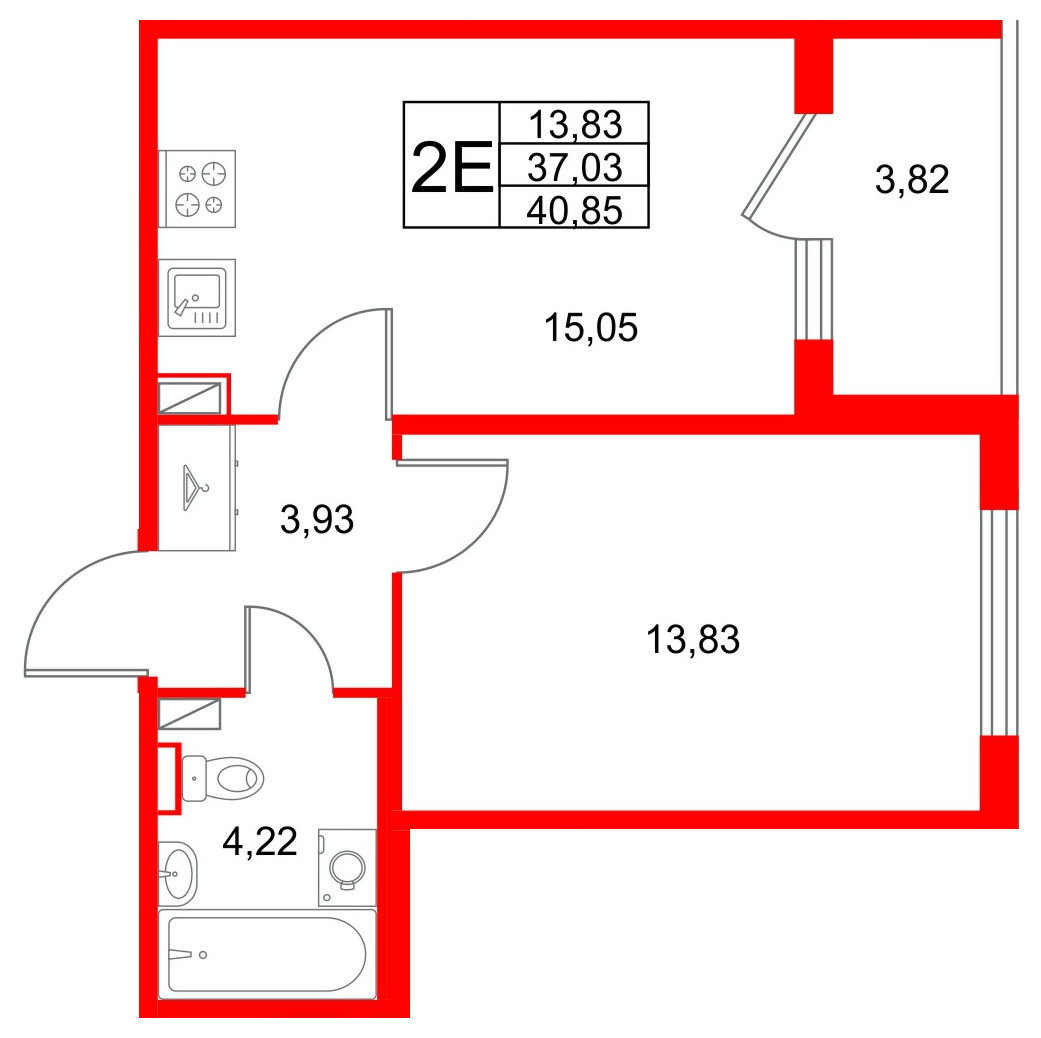 Квартира в ЖК Любоград, 1 комнатная, 40.85 м², 1 этаж