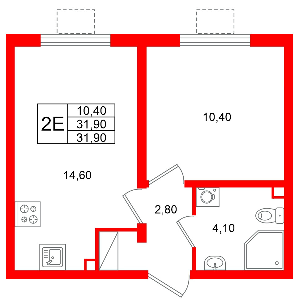 Квартира в ЖК «Ручьи–2», 1 комнатная, 31.9 м², 20 этаж