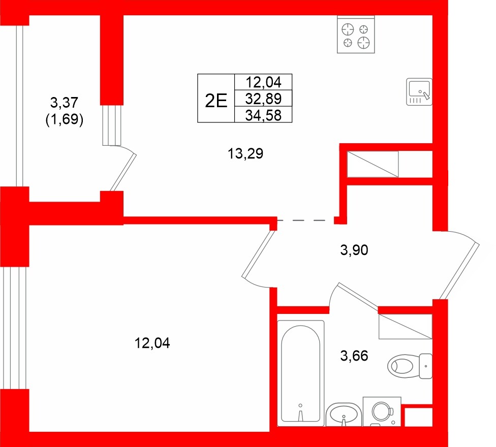 Квартира в ЖК Квартал «Новый Московский», 1 комнатная, 34.58 м², 2 этаж