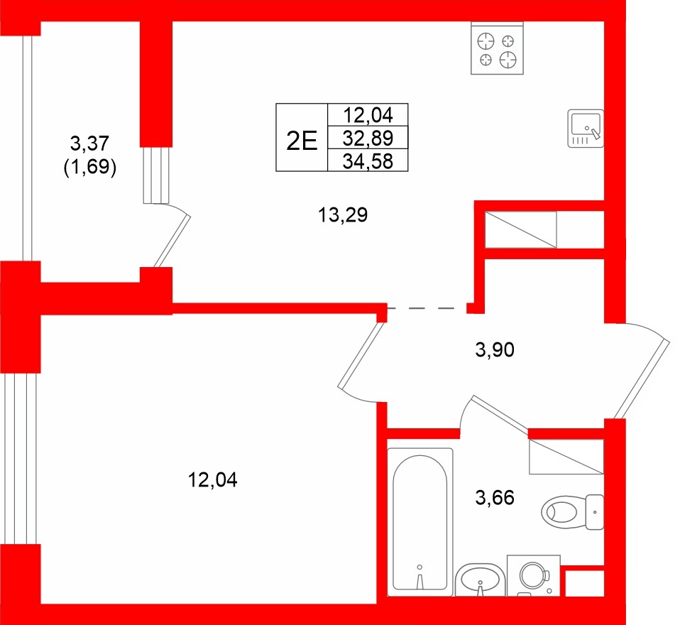 Квартира в ЖК Квартал «Новый Московский», 1 комнатная, 34.58 м², 4 этаж
