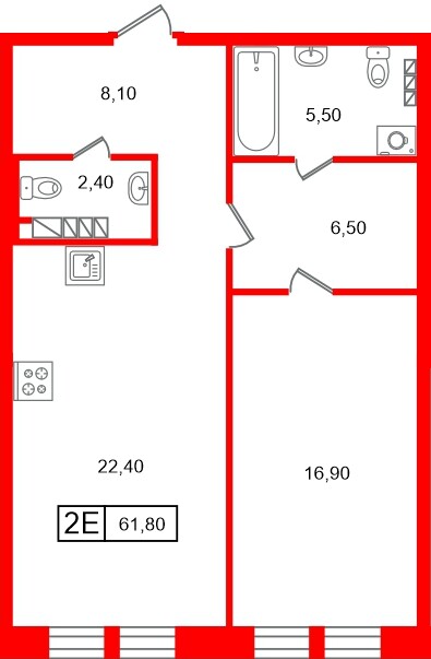 Планировка — 1-комн квартира, 61,8 м² в ЖК «Коллекционер»
