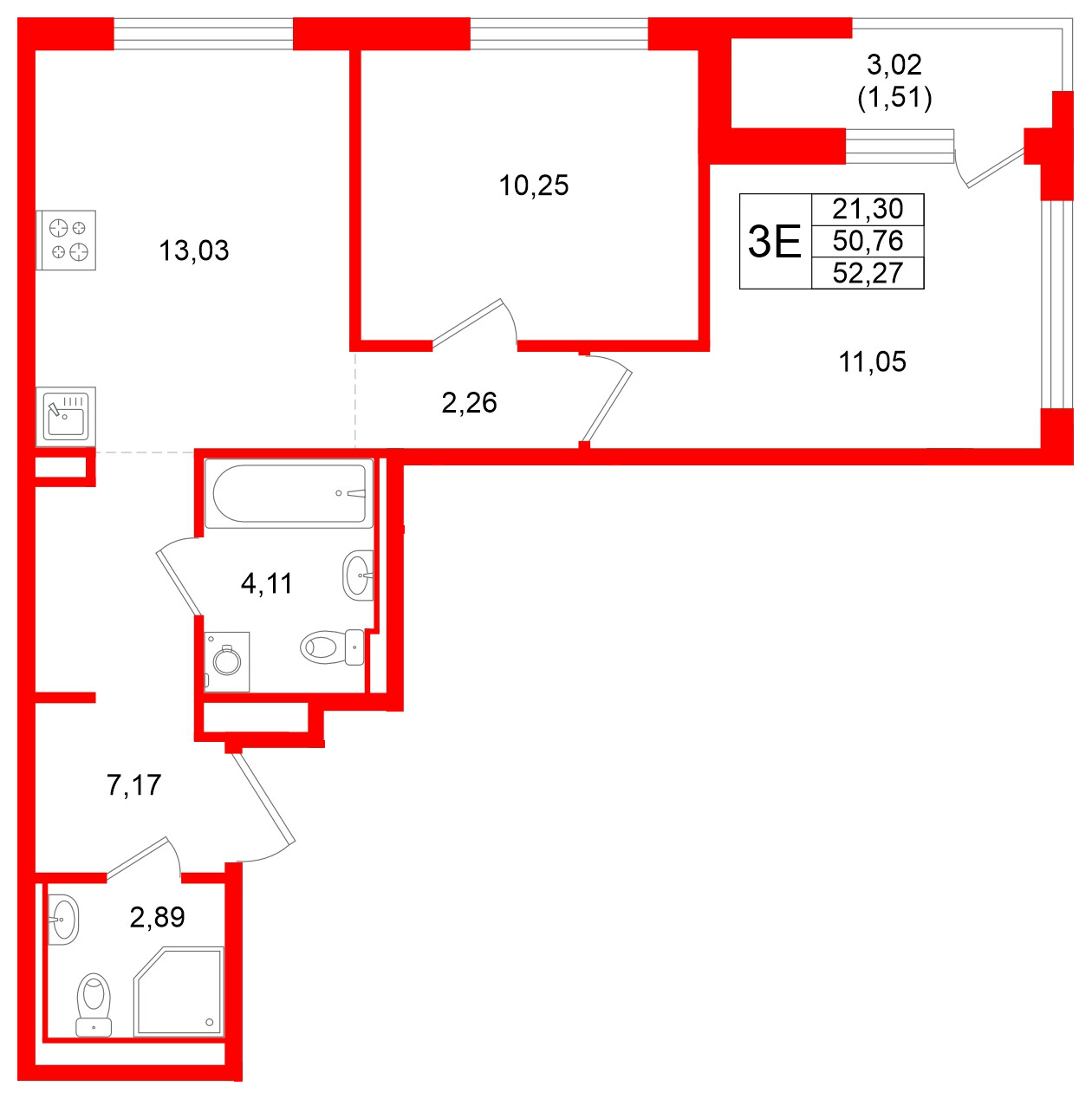 Квартира в ЖК GloraX Новоселье, 2 комнатная, 52.27 м², 6 этаж