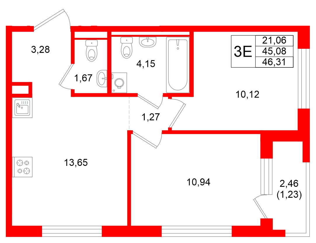Квартира в ЖК GloraX Новоселье, 2 комнатная, 46.31 м², 6 этаж