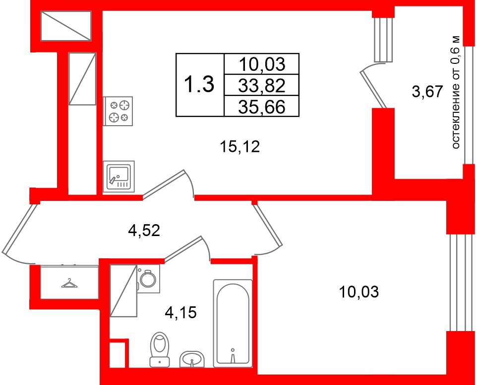 Квартира в ЖК «Город звёзд», 1 комнатная, 33.82 м², 13 этаж