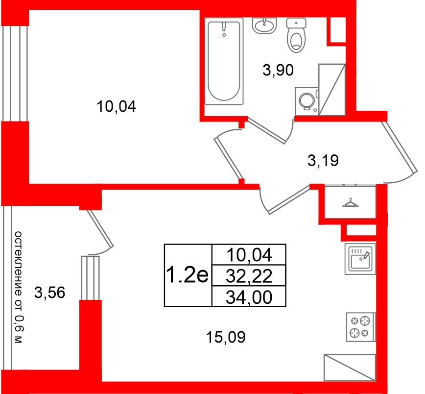 Квартира в ЖК «Город звёзд», 1 комнатная, 32.22 м², 20 этаж
