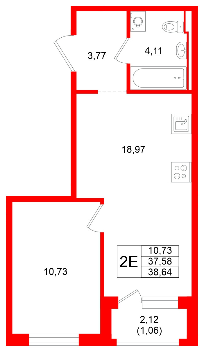 Квартира в ЖК GloraX Новоселье, 1 комнатная, 38.64 м², 10 этаж