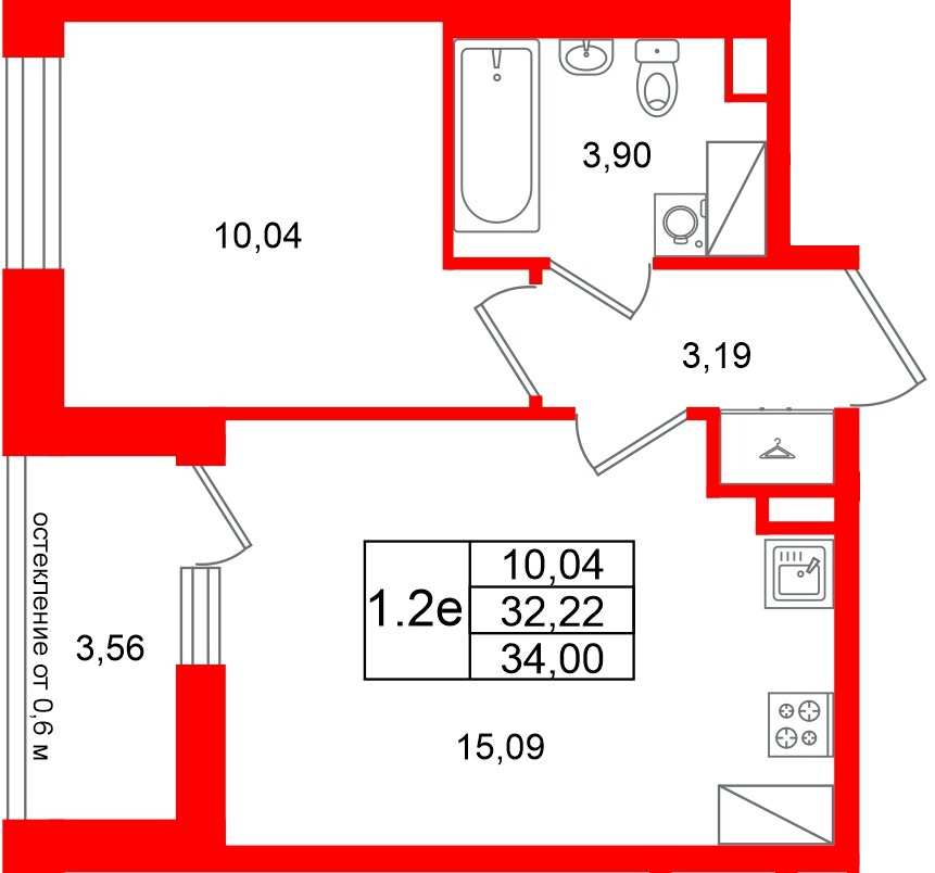 Квартира в ЖК «Город звёзд», 1 комнатная, 32.22 м², 18 этаж