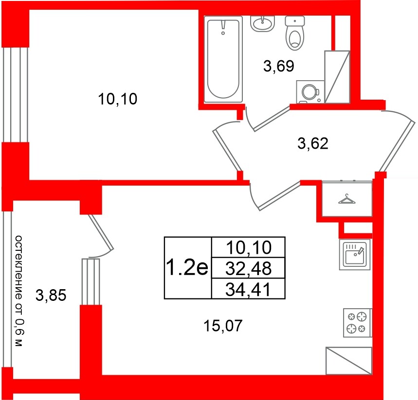 Квартира в ЖК «Город звёзд», 1 комнатная, 32.48 м², 12 этаж