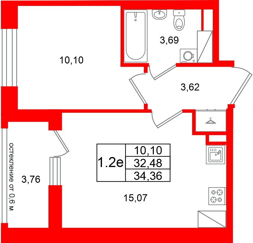 Квартира в ЖК «Город звёзд», 1 комнатная, 32.48 м², 13 этаж