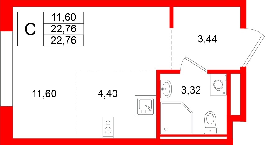 Квартира в ЖК «Новоселье», студия, 22.76 м², 2 этаж