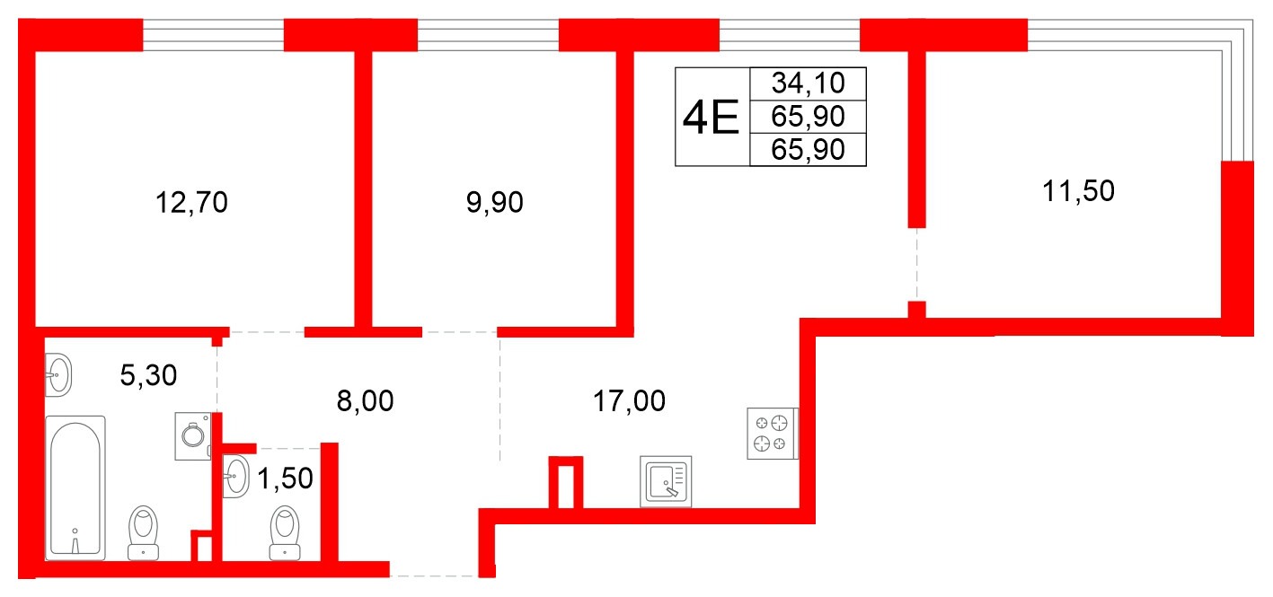 Квартира в ЖК Plus Пулковский, 3 комнатная, 65.9 м², 1 этаж