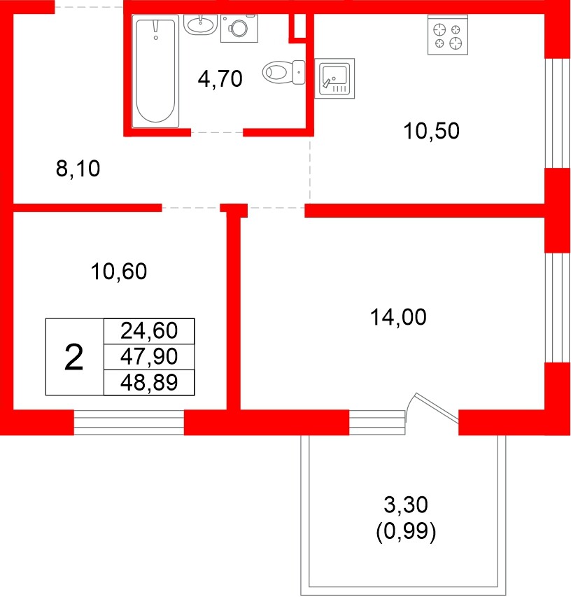 Квартира в ЖК «Плюс Пулковский», 2 комнатная, 47.9 м², 1 этаж