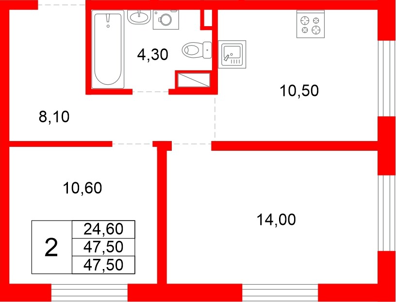 Квартира в ЖК «Плюс Пулковский», 2 комнатная, 47.5 м², 5 этаж