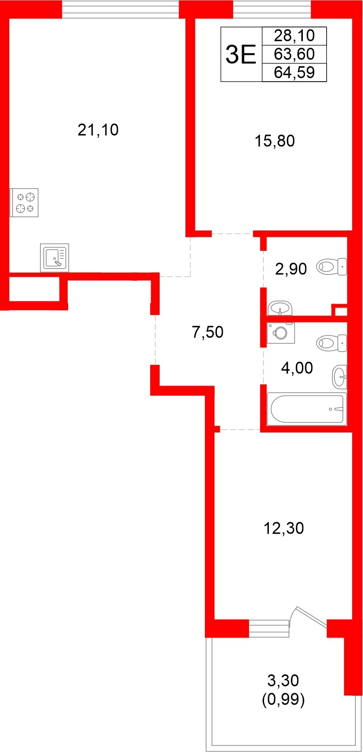 Квартира в ЖК «Плюс Пулковский», 2 комнатная, 63.6 м², 1 этаж