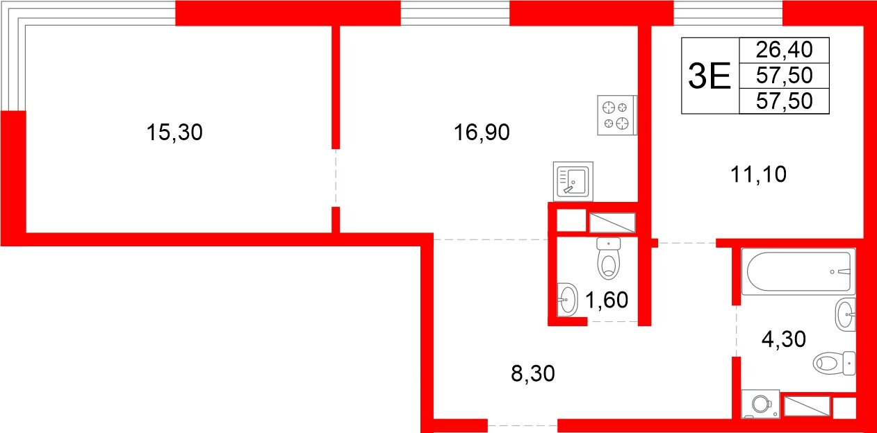 Квартира в ЖК «Плюс Пулковский», 2 комнатная, 57.5 м², 2 этаж